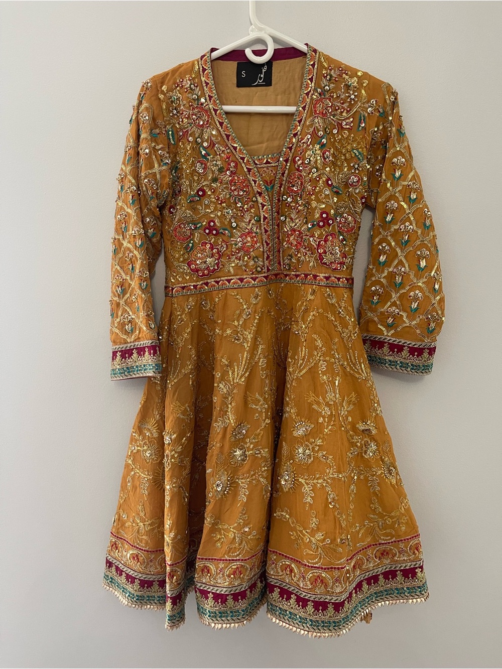 Embroidered Mustard Wedding Dress with Ornate Beadwork